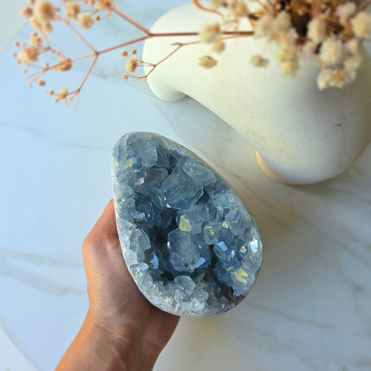 Celestite Crystal Cluster on Stand High Quality