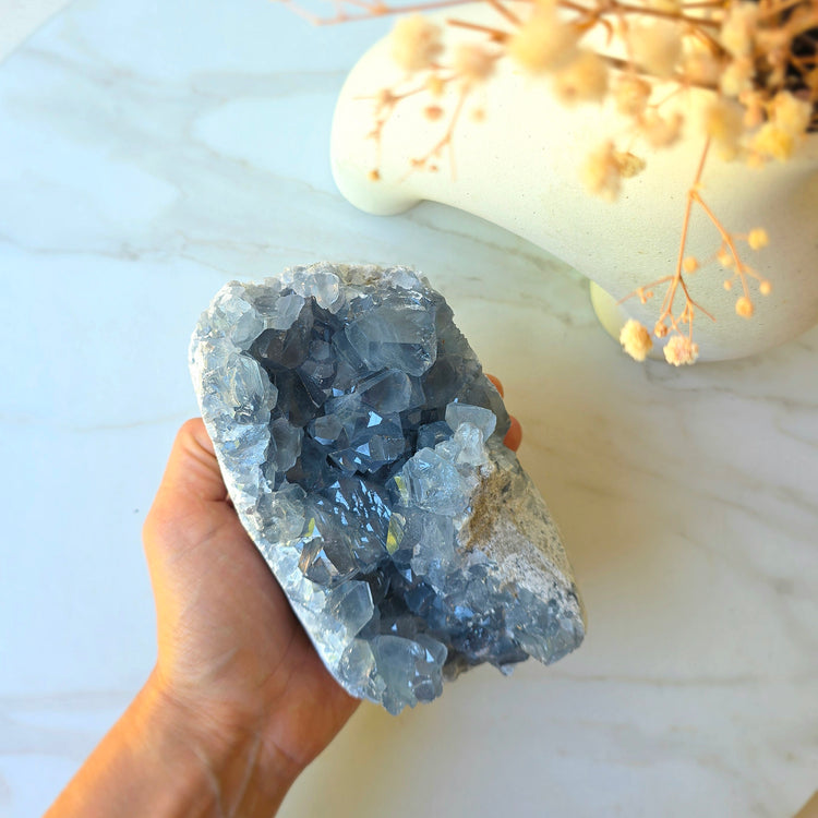 Celestite Crystal Cluster High Quality Madagascar on Stand