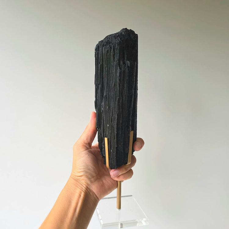 Black Tourmaline Crystal Rough Chunk AAA High Quality in Stand - Crystals and Me | Crystal Candles and Ethically Sourced Crystals