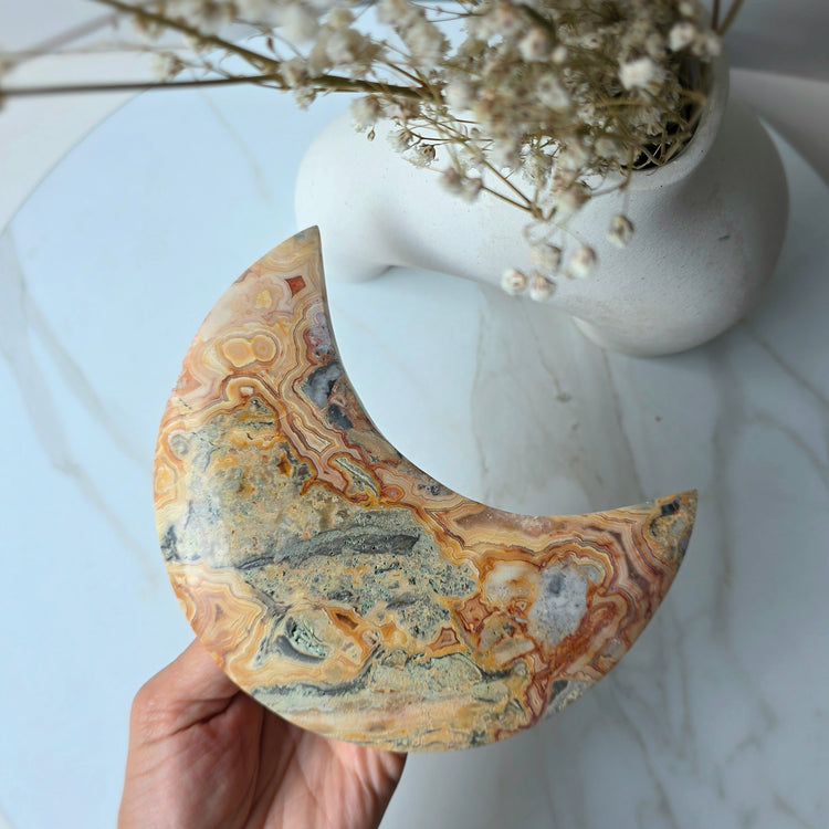 Yellow Crazy Lace Agate Crystal Moon High Quality on Stand - Crystals and Me | Crystal Candles and Ethically Sourced Crystals