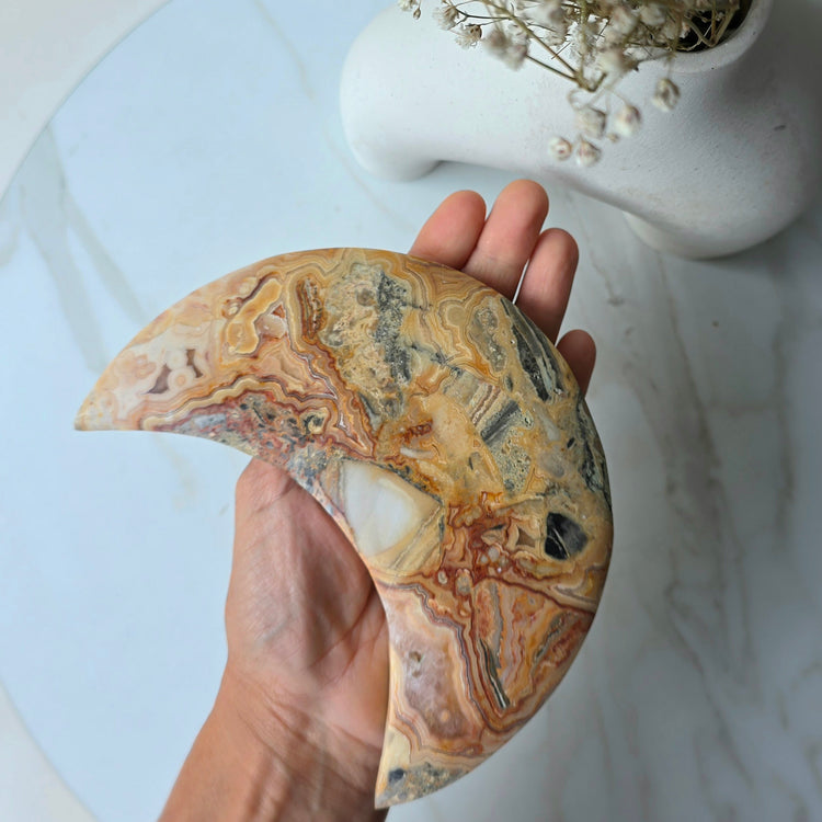Yellow Crazy Lace Agate Crystal Moon High Quality on Stand - Crystals and Me | Crystal Candles and Ethically Sourced Crystals