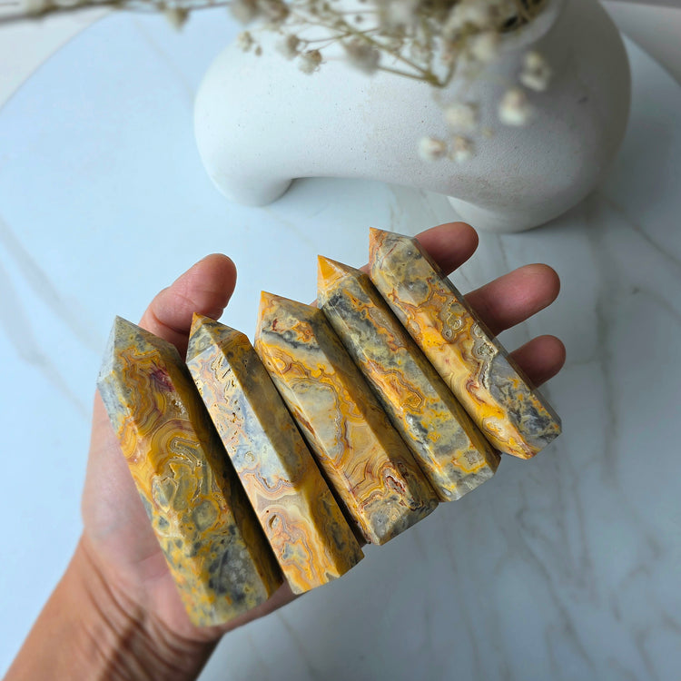 Yellow Crazy Lace Agate Crystal Point Tower High Quality - Crystals and Me | Crystal Candles and Ethically Sourced Crystals