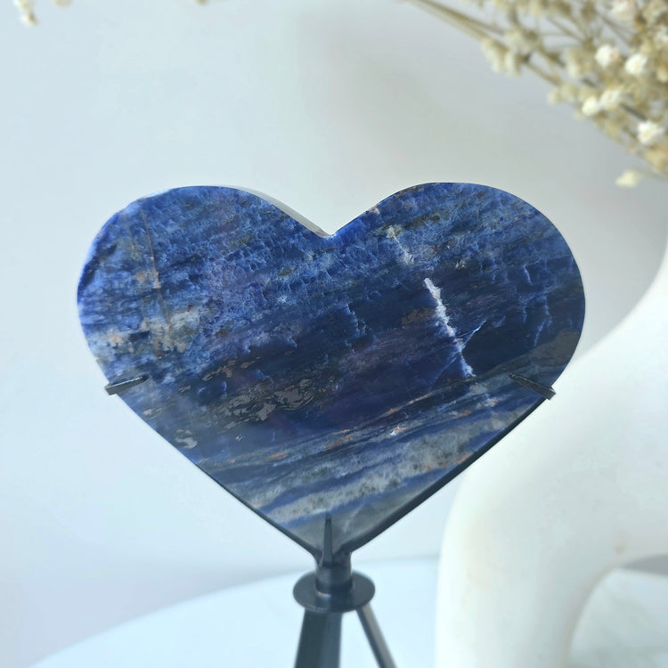 Sodalite Crystal Heart with Hemetite Inclusion on Stand High Quality Brazil - Crystals and Me | Crystal Candles and Ethically Sourced Crystals