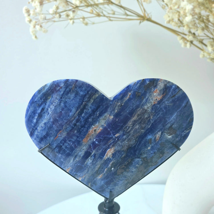 Sodalite Crystal Heart with Hemetite Inclusion on Stand High Quality Brazil - Crystals and Me | Crystal Candles and Ethically Sourced Crystals