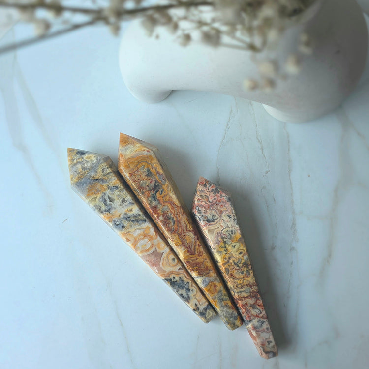 Yellow Crazy Lace Agate Crystal Point Wand in Stand High Quality - Crystals and Me | Crystal Candles and Ethically Sourced Crystals