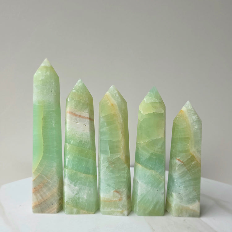 Pistachio Calcite Crystal Point Tower Obelisk High Quality - Crystals and Me | Crystal Candles and Ethically Sourced Crystals