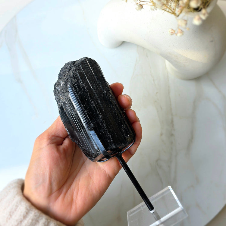 Black Tourmaline Crystal Rough Chunk AAA High Quality in Stand