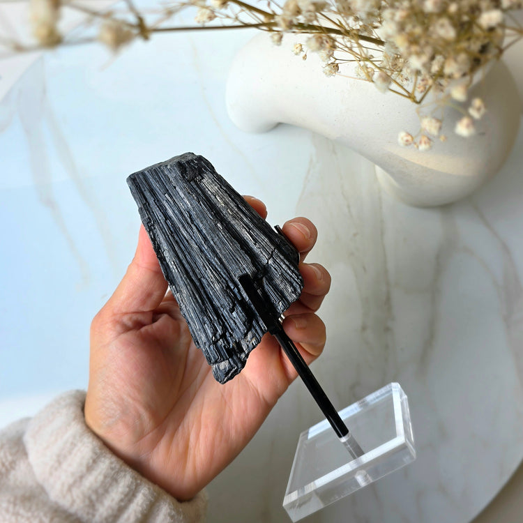 Black Tourmaline Crystal Rough Chunk AAA High Quality in Stand