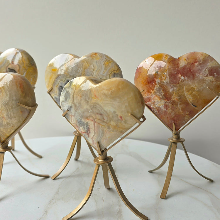 Yellow Crazy Lace Agate Crystal Heart on Stand Mexico High Quality - Crystals and Me | Crystal Candles and Ethically Sourced Crystals