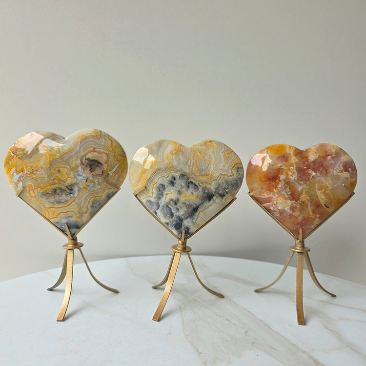 Yellow Crazy Lace Agate Crystal Heart on Stand Mexico High Quality - Crystals and Me | Crystal Candles and Ethically Sourced Crystals