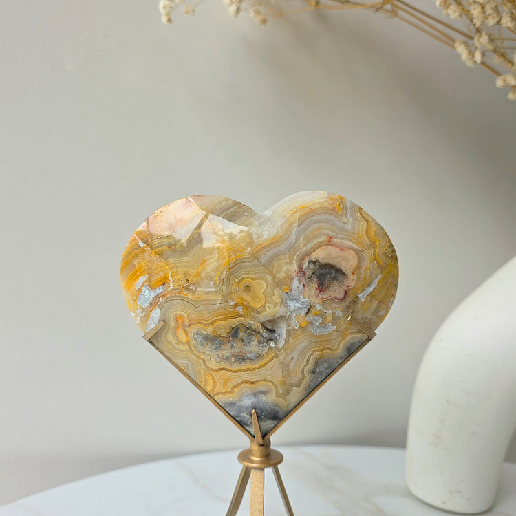 Yellow Crazy Lace Agate Crystal Heart on Stand Mexico High Quality - Crystals and Me | Crystal Candles and Ethically Sourced Crystals