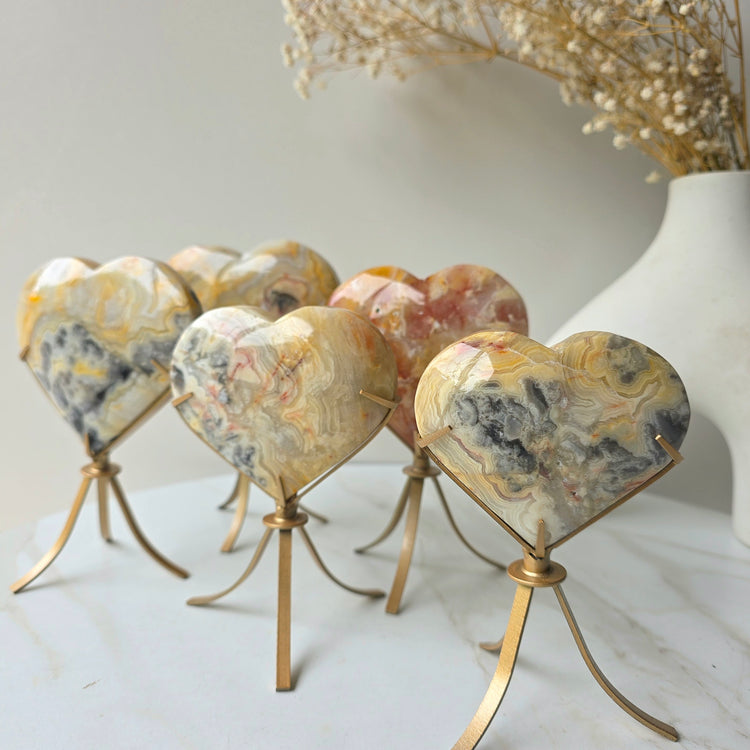 Yellow Crazy Lace Agate Crystal Heart on Stand Mexico High Quality - Crystals and Me | Crystal Candles and Ethically Sourced Crystals
