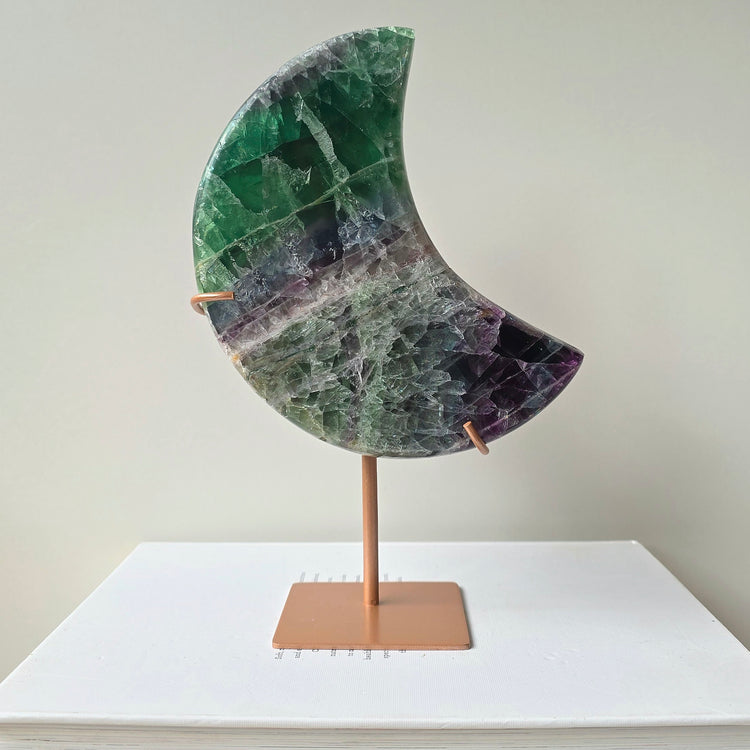 Rainbow Fluorite Crystal Moon on Stand Brazil High Quality