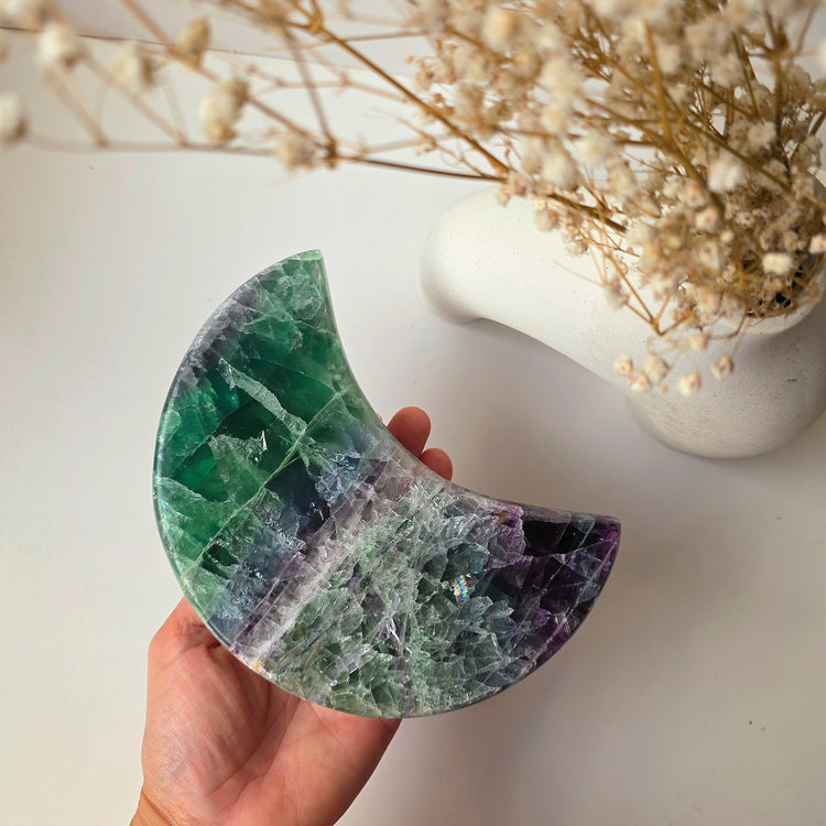 Rainbow Fluorite Crystal Moon on Stand Brazil High Quality