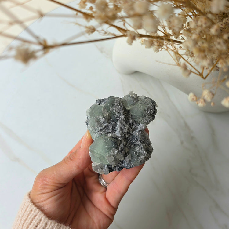 Green Fluorite Crystal Cubes on Calcite Crystal Matrix