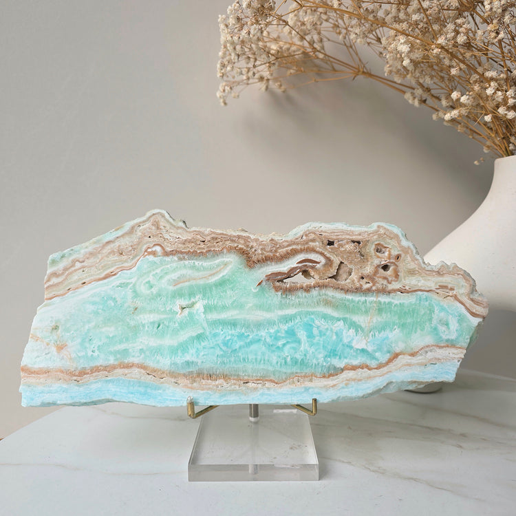 Caribbean Calcite Crystal Slab Slice on Stand High Quality Pakistan - Crystals and Me | Crystal Candles and Ethically Sourced Crystals