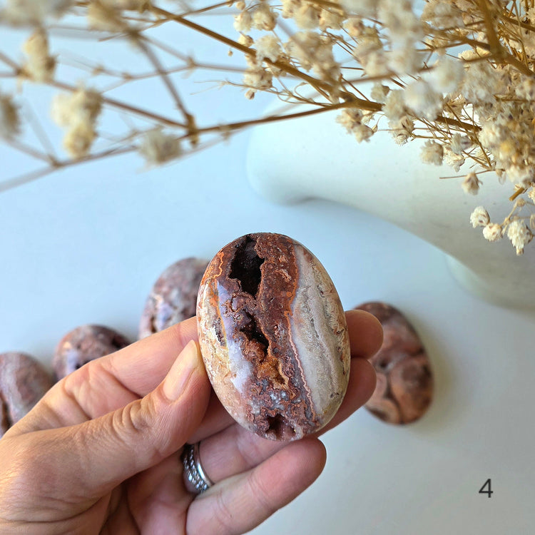 Pink Lace Agate Crystal Palmstone Indonesia - Crystals and Me | Crystal Candles and Ethically Sourced Crystals