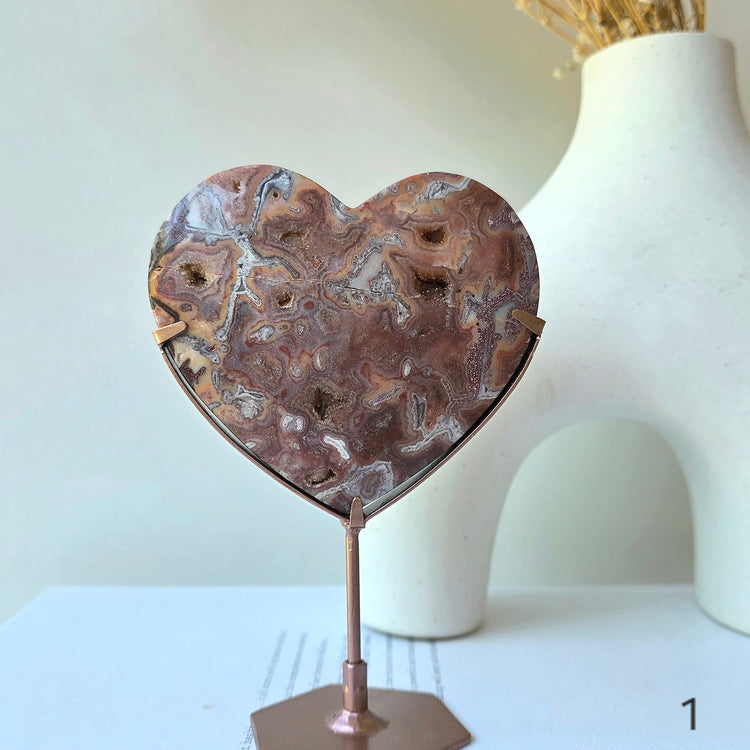 Pink Lace Agate Crystal Heart on Stand High Quality Indonesia - Crystals and Me | Crystal Candles and Ethically Sourced Crystals