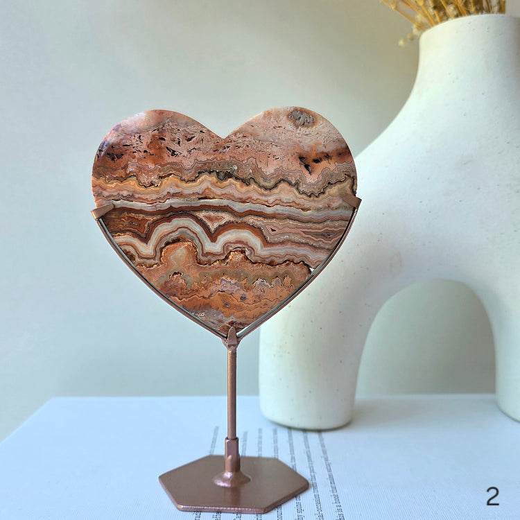 Pink Lace Agate Crystal Heart on Stand High Quality Indonesia - Crystals and Me | Crystal Candles and Ethically Sourced Crystals