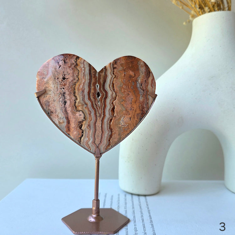 Pink Lace Agate Crystal Heart on Stand High Quality Indonesia - Crystals and Me | Crystal Candles and Ethically Sourced Crystals