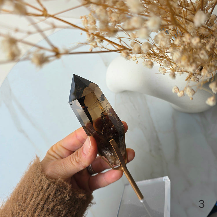 Smokey Quartz Crystal Natural Polished Point on Stand High Quality Brazil - Crystals and Me | Crystal Candles and Ethically Sourced Crystals