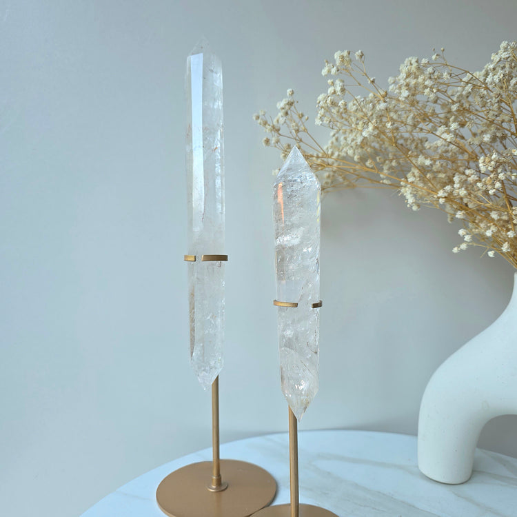 Clear Quartz Crystal Multi-Faceted Wand Point in Stand Gold Base High Quality Brazil