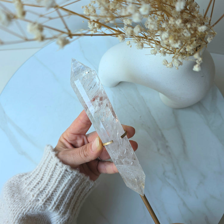 Clear Quartz Crystal Multi-Faceted Wand Point in Stand Gold Base High Quality Brazil
