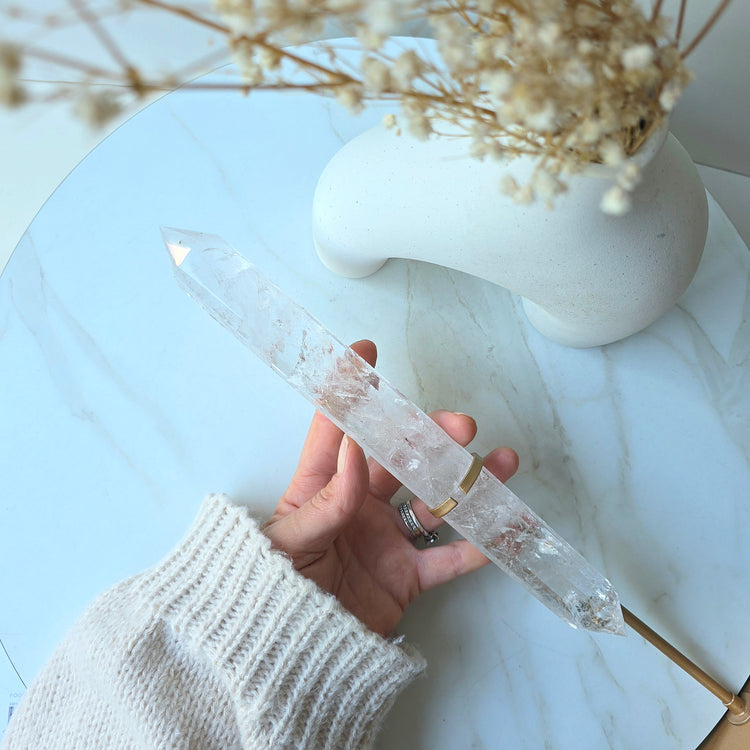 Clear Quartz Crystal Multi-Faceted Wand Point in Stand Gold Base High Quality Brazil