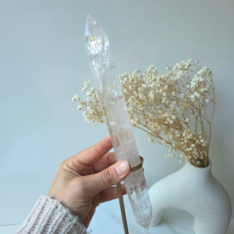 Clear Quartz Crystal Multi-Faceted Wand Point in Stand Gold Base High Quality Brazil