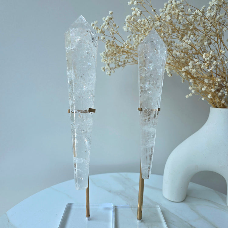 Clear Quartz Crystal Multi-Faceted Wand Point in Stand Clear Base High Quality Brazil