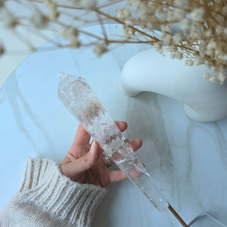 Clear Quartz Crystal Multi-Faceted Wand Point in Stand Clear Base High Quality Brazil