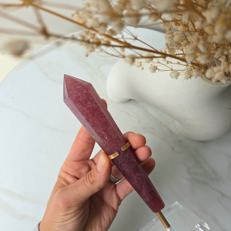 Strawberry Quartz Crystal Wand Point in Stand - Crystals and Me | Crystal Candles and Ethically Sourced Crystals