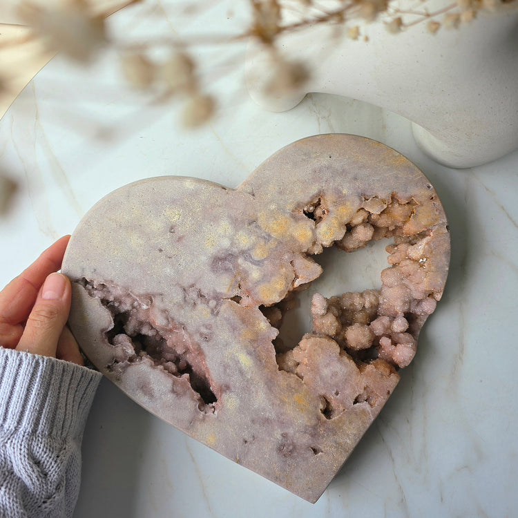 Pink Amethyst Crystal Heart with Druzy Cluster High Quality on Stand Brazil XL