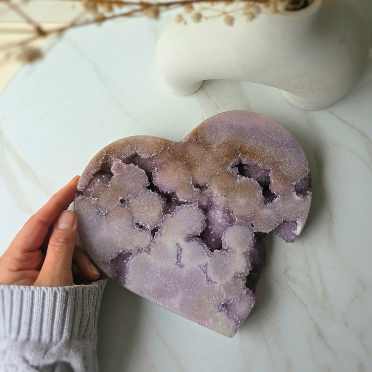 Lavender Pink Amethyst Crystal Heart with Druzy Cluster High Quality on Stand Brazil XL