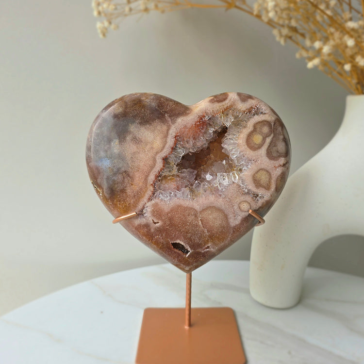 Pink Amethyst Crystal Heart with Druzy Cluster High Quality on Stand Brazil