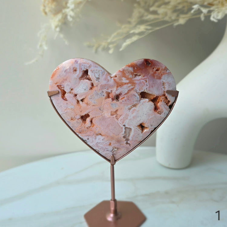 Rare Pink Carnelian Crystal Heart on Stand High Quality Indonesia