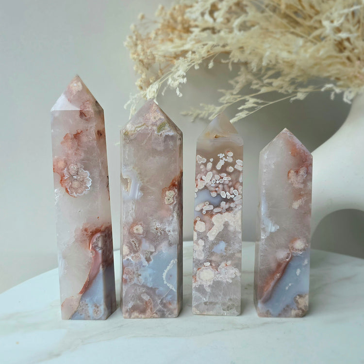 Rare Pink Amethyst Crystal with Flower Agate Obelisk Tower Point Generator