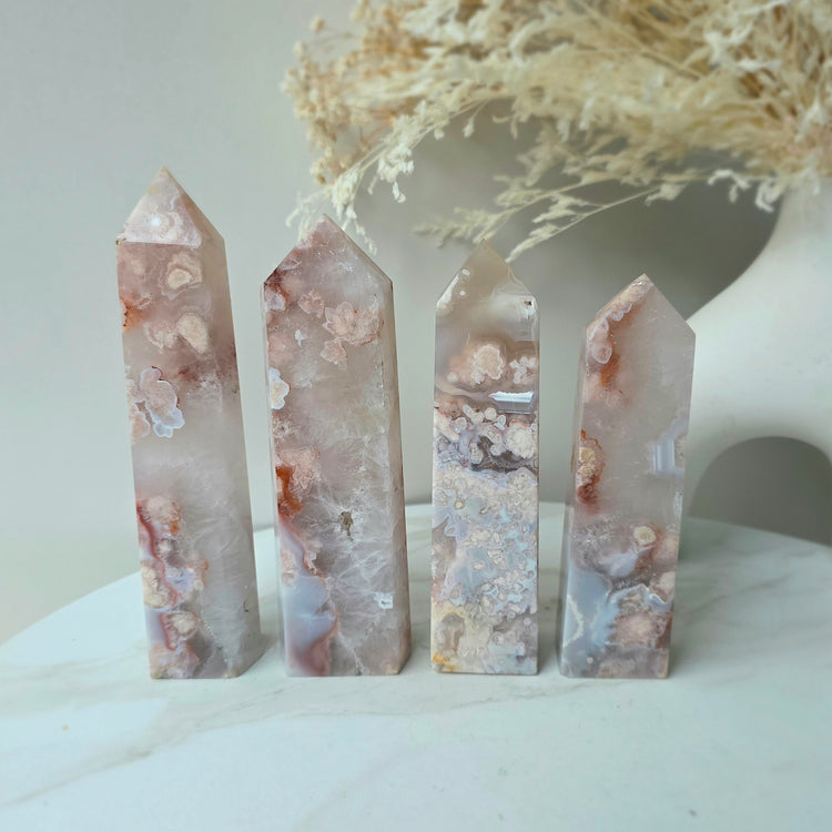 Rare Pink Amethyst Crystal with Flower Agate Obelisk Tower Point Generator