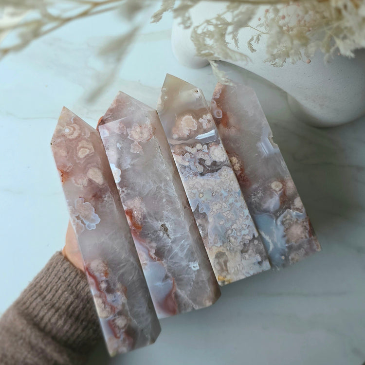 Rare Pink Amethyst Crystal with Flower Agate Obelisk Tower Point Generator