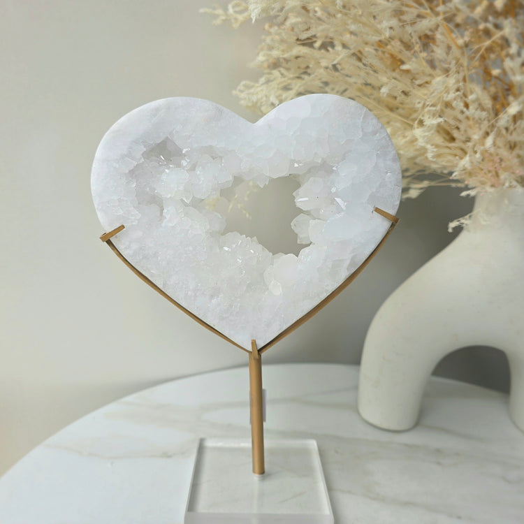 White Agate Crystal Heart with Cluster Druzy XL on Stand Brazil High Quality