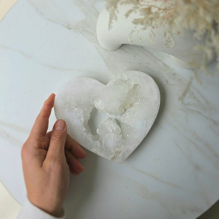 White Agate Crystal Heart with Cluster Druzy on Stand Brazil High Quality