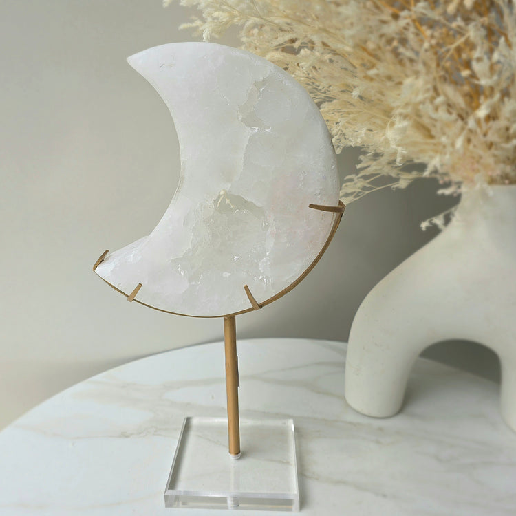 White Agate Crystal Moon with Cluster Druzy XL on Stand Brazil