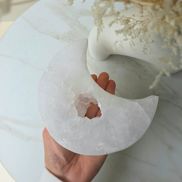 White Agate Crystal Moon with Cluster Druzy XL on Stand Brazil