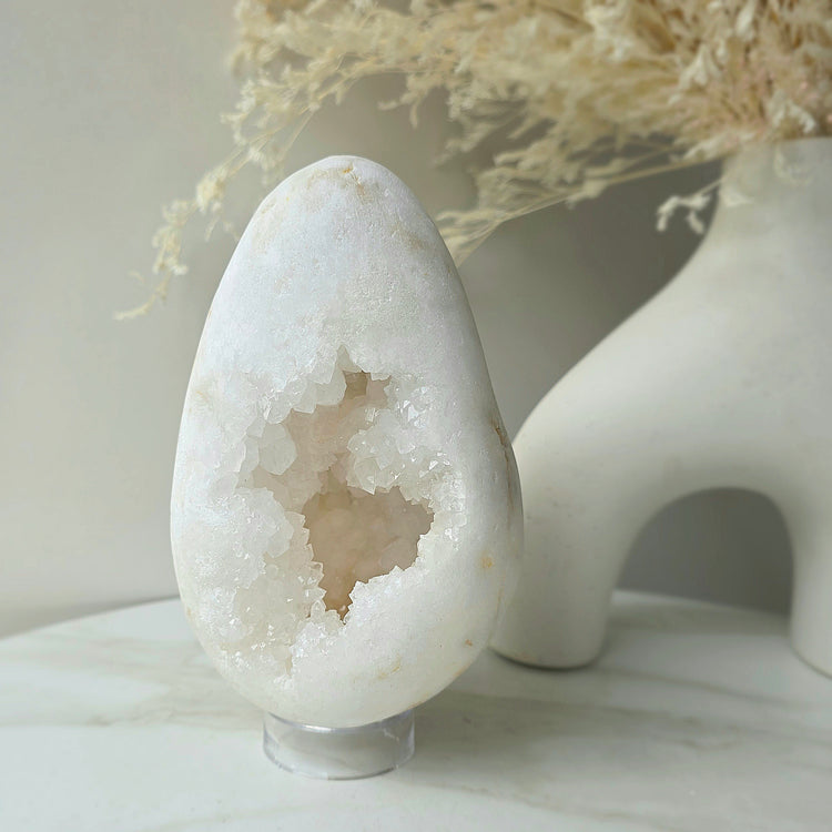 White Agate Crystal Egg with Cluster Druzy XL on Stand Brazil High Quality