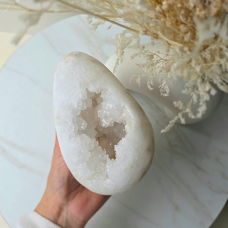 White Agate Crystal Egg with Cluster Druzy XL on Stand Brazil High Quality