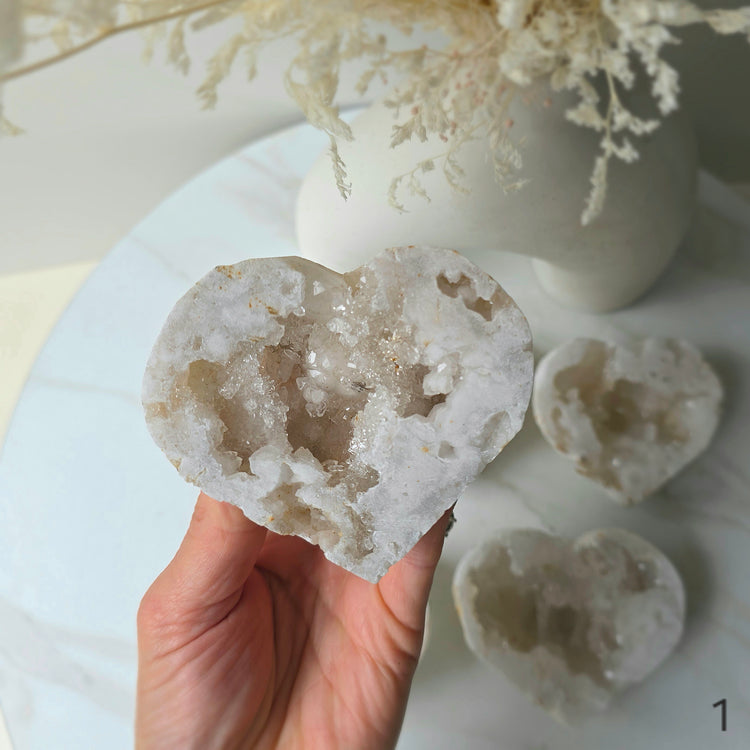 White Agate Crystal Heart with Cluster Druzy Brazil High Quality