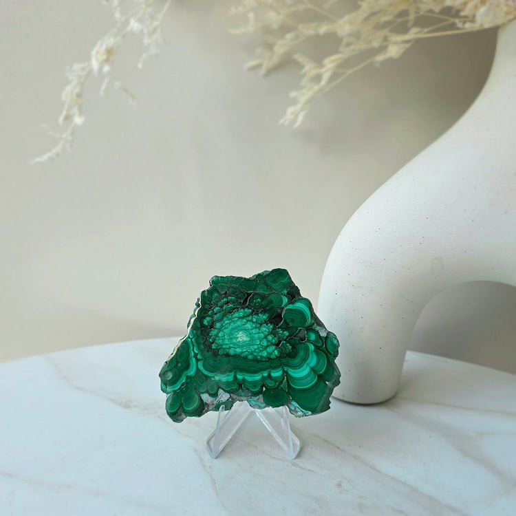 Malachite Crystal Polished Slab Slice Congo High Quality on Stand Small