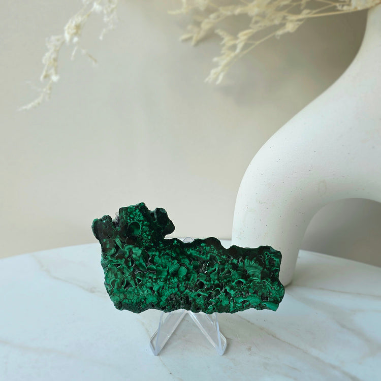 Malachite Crystal Polished Slab Slice Congo High Quality on Stand Small