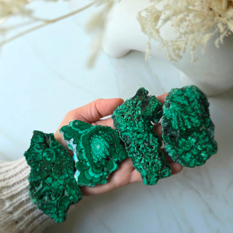 Malachite Crystal Polished Slab Slice Congo High Quality on Stand Small