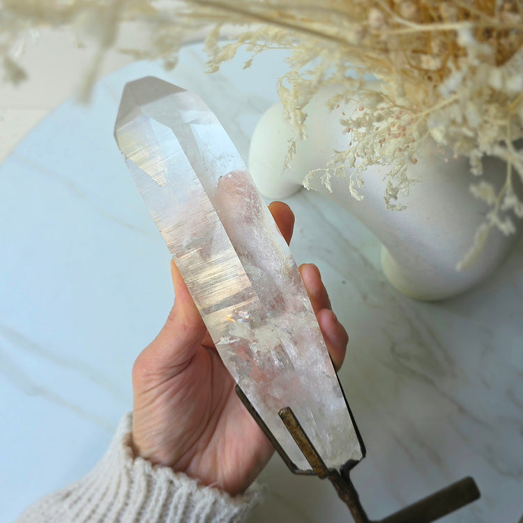 Lemurian Quartz Crystal Point in Stand High Quality Tower XL